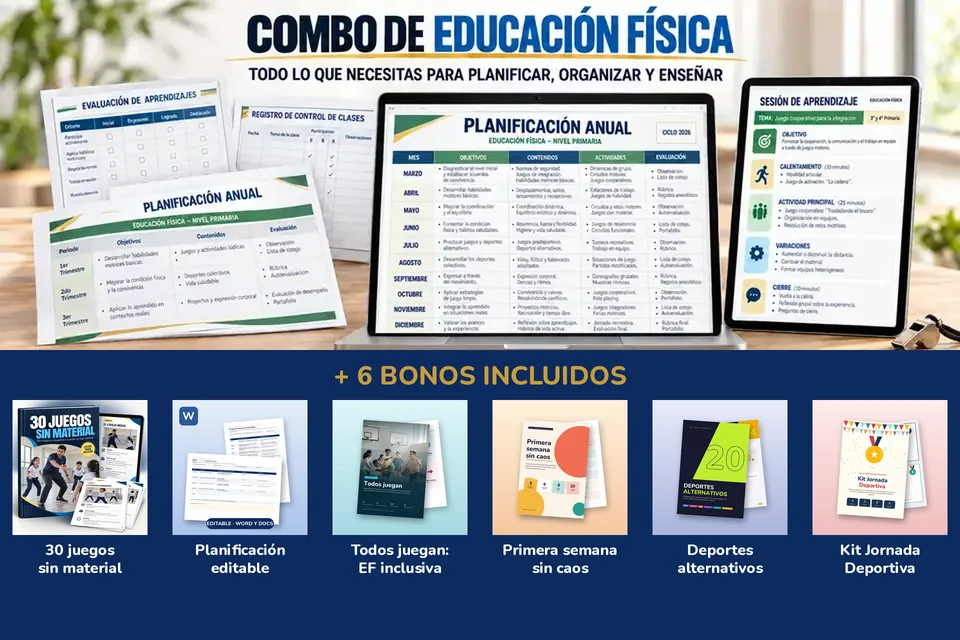 Combo de Educación Física con planificación anual, fichas de clase y los 6 bonos incluidos
